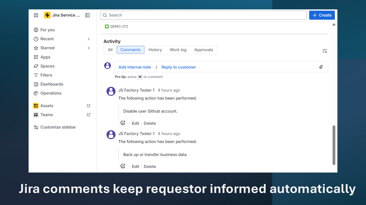 Screenshot - Jira comments keep requestor informed automatically